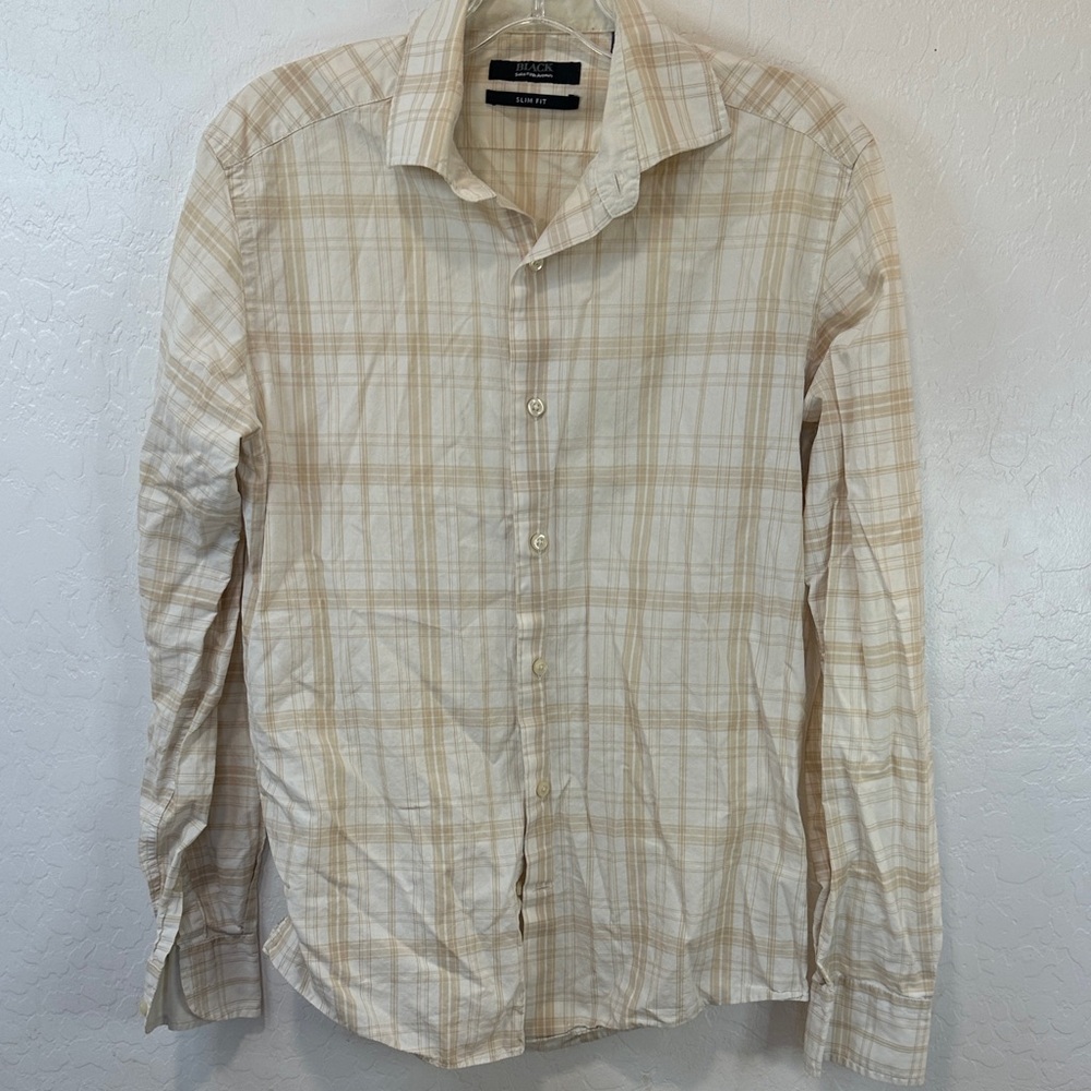 BlackSaks Fifth Avenue Cream Tan Plaid Button-Down Shirt cotton small slim fit